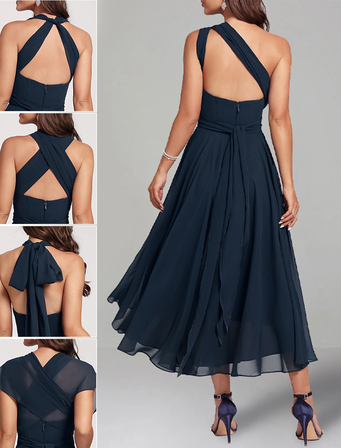 A-Linie Hochzeitsgastkleider Elegantes Kleid Formelle Hochzeitsfeier Teelänge Ärmellos Eine Schulter Herbst Hochzeitsgast Chiffon mit Rüschen