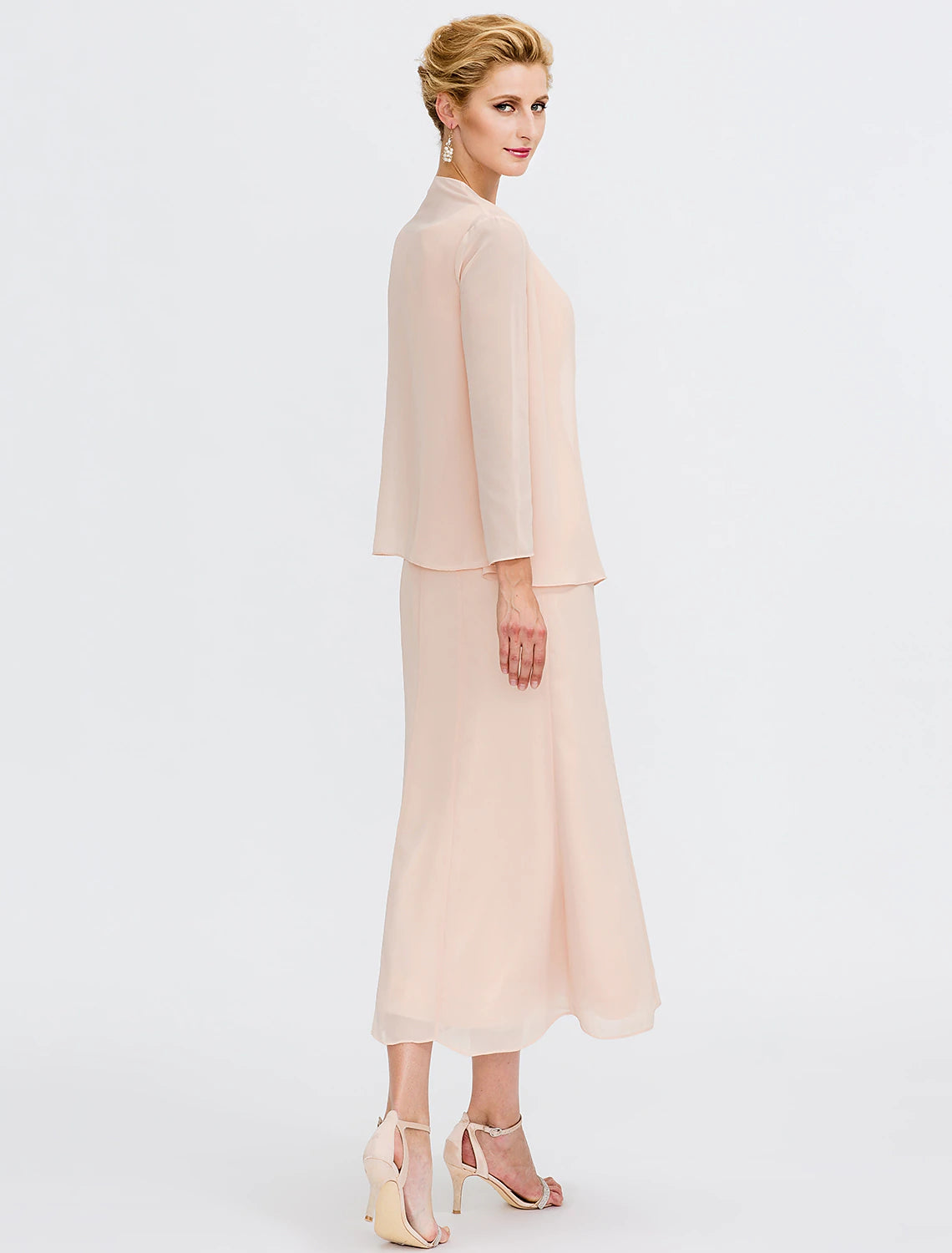 Zweiteiliger Etui-/Säulen-Kleid für die Brautmutter, Hochzeitsgast, Übergröße, elegant, mit Jacke, lange Ärmel, Rundhalsausschnitt, wadenlang, Chiffon, Schärpe/Band, Falten, Perlenstickerei