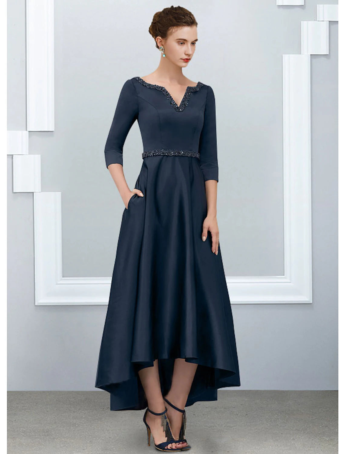 A-Line Mother of the Bride Dress Elegant High Low V Neck Asymmetrical Ankle Length Satin Half Sleeve with Pleats