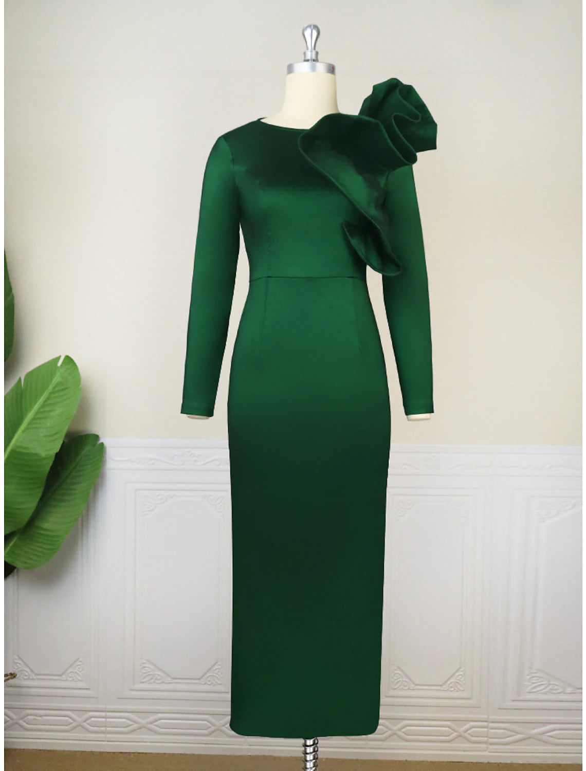Vestidos de fiesta de sirena/trompeta, elegante vestido formal navideño, largo hasta los tobillos, manga larga, cuello joya, satén con volantes