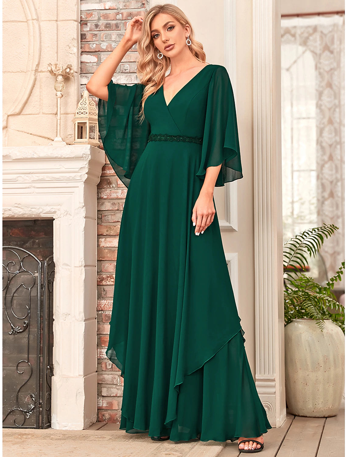 A-Linien-Kleid für die Brautmutter, elegant, V-Ausschnitt, bodenlang, Chiffon, halbe Ärmel, mit Schärpe/Band