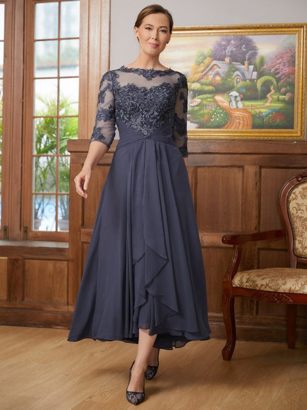 Vestidos de madre de la novia asimétricos de corte A/princesa con apliques de gasa y mangas 3/4