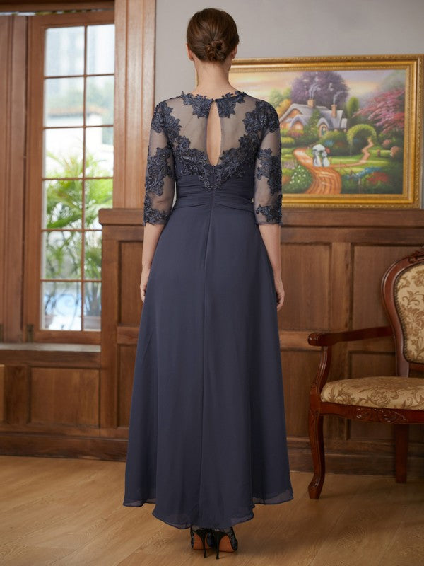 Vestidos de madre de la novia asimétricos de corte A/princesa con apliques de gasa y mangas 3/4