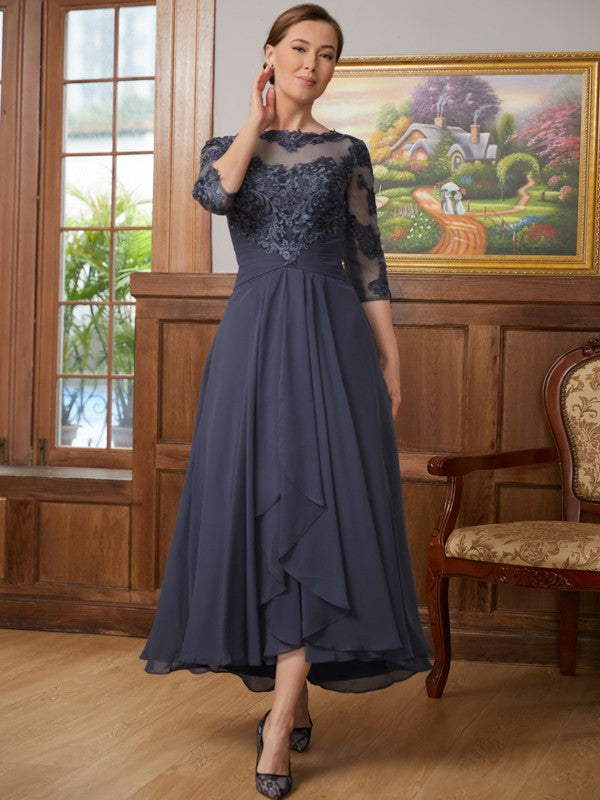Vestidos de madre de la novia asimétricos de corte A/princesa con apliques de gasa y mangas 3/4