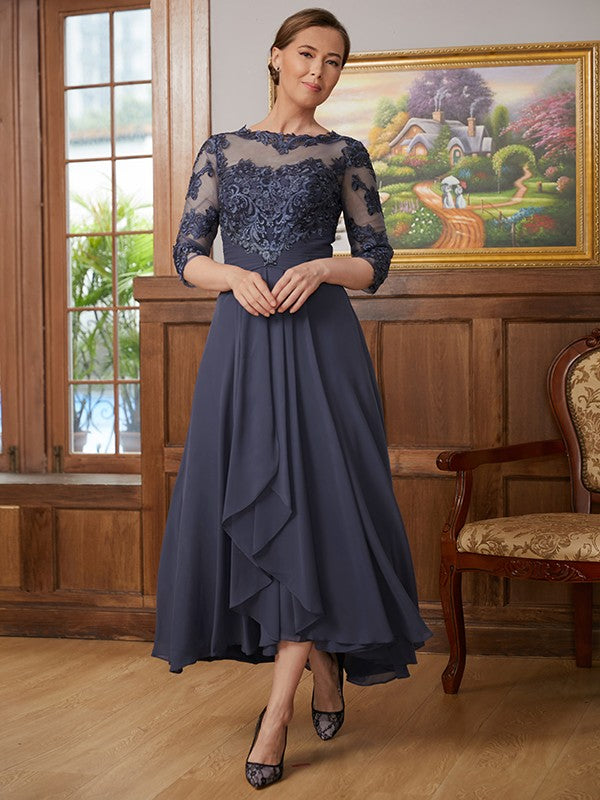 Vestidos de madre de la novia asimétricos de corte A/princesa con apliques de gasa y mangas 3/4