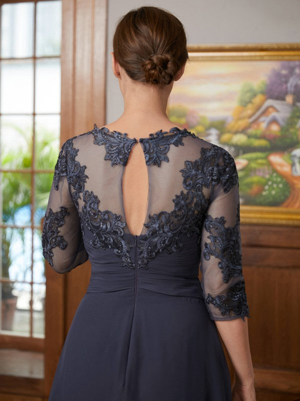 Vestidos de madre de la novia asimétricos de corte A/princesa con apliques de gasa y mangas 3/4