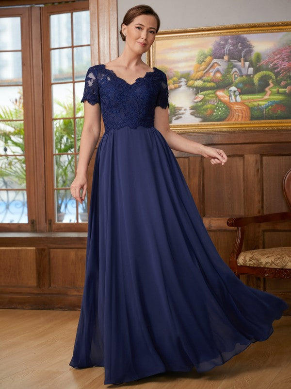 A-Linie/Princess-Linie Chiffon Spitze V-Ausschnitt Kurze Ärmel Bodenlang Kleider für die Brautmutter
