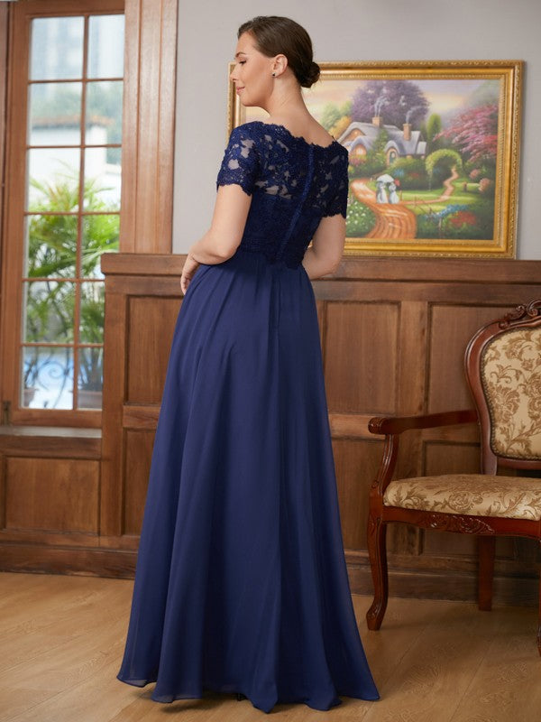 A-Linie/Princess-Linie Chiffon Spitze V-Ausschnitt Kurze Ärmel Bodenlang Kleider für die Brautmutter