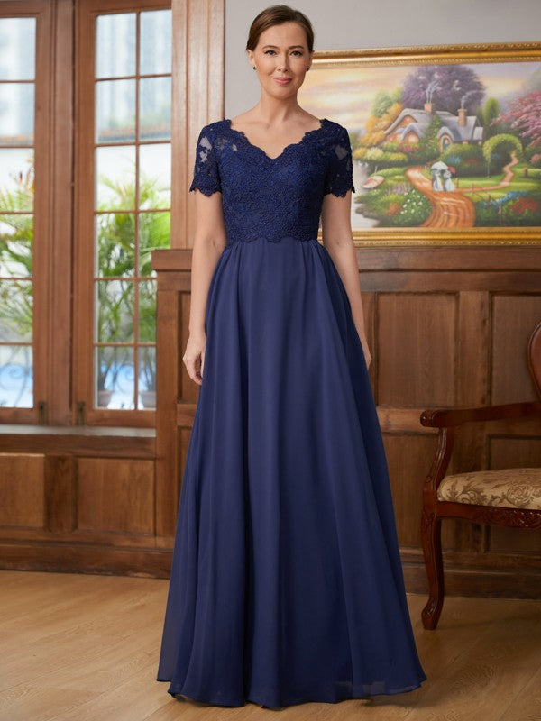 A-Linie/Princess-Linie Chiffon Spitze V-Ausschnitt Kurze Ärmel Bodenlang Kleider für die Brautmutter