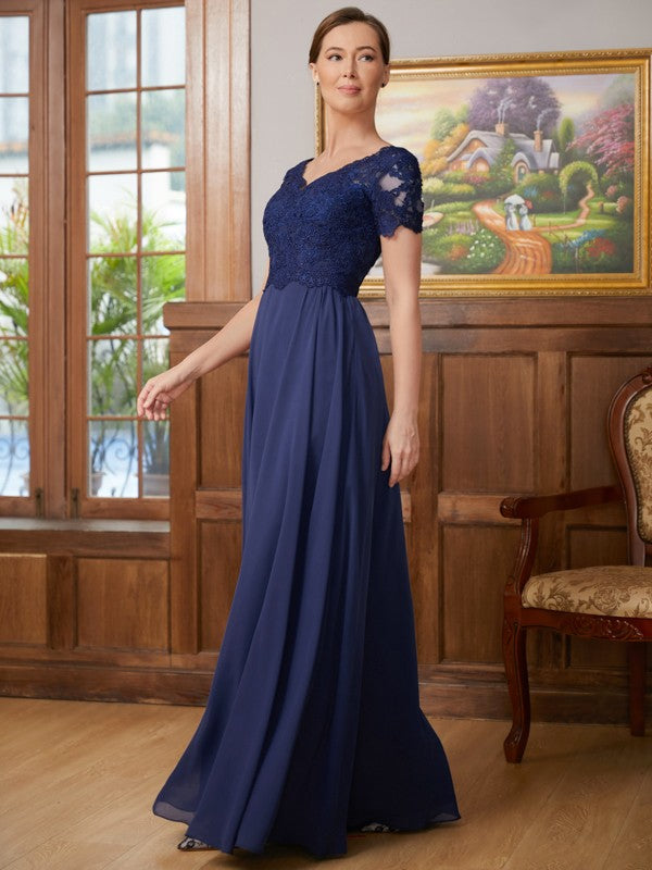 A-Linie/Princess-Linie Chiffon Spitze V-Ausschnitt Kurze Ärmel Bodenlang Kleider für die Brautmutter