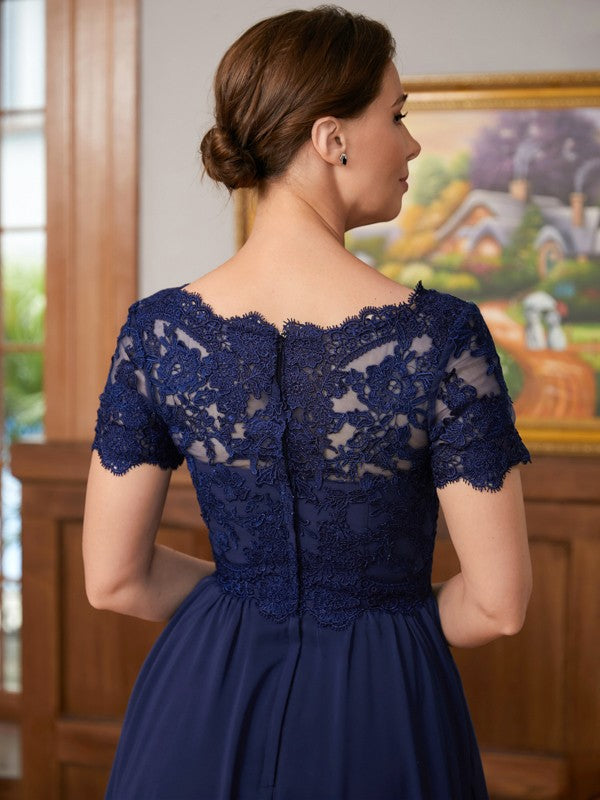A-Linie/Princess-Linie Chiffon Spitze V-Ausschnitt Kurze Ärmel Bodenlang Kleider für die Brautmutter