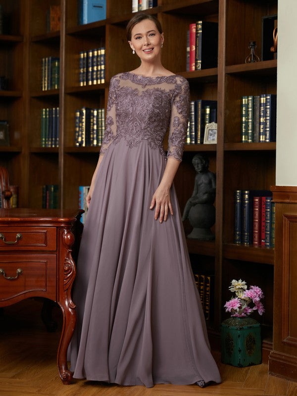 Vestidos para madre de la novia de corte A/princesa, de gasa, encaje, escote redondo, mangas 3/4 y largo hasta el suelo