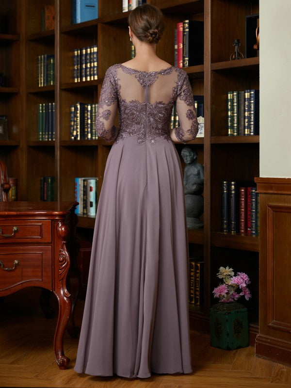 Vestidos para madre de la novia de corte A/princesa, de gasa, encaje, escote redondo, mangas 3/4 y largo hasta el suelo