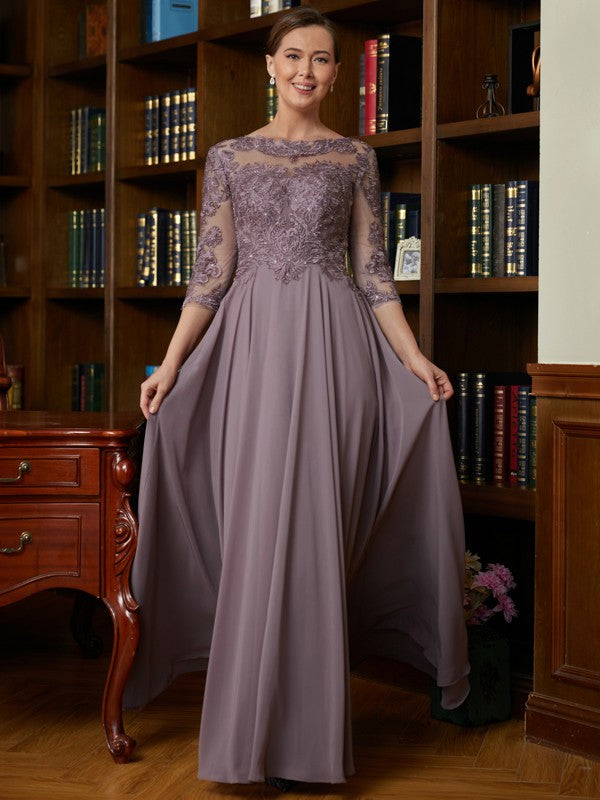 Vestidos para madre de la novia de corte A/princesa, de gasa, encaje, escote redondo, mangas 3/4 y largo hasta el suelo