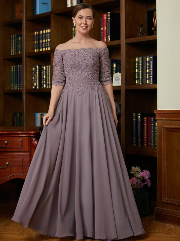 Vestidos para madre de la novia de gasa con apliques, hombros descubiertos, mangas 3/4 y largo hasta el suelo, corte A/princesa