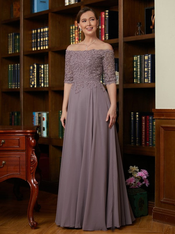 Vestidos para madre de la novia de gasa con apliques, hombros descubiertos, mangas 3/4 y largo hasta el suelo, corte A/princesa
