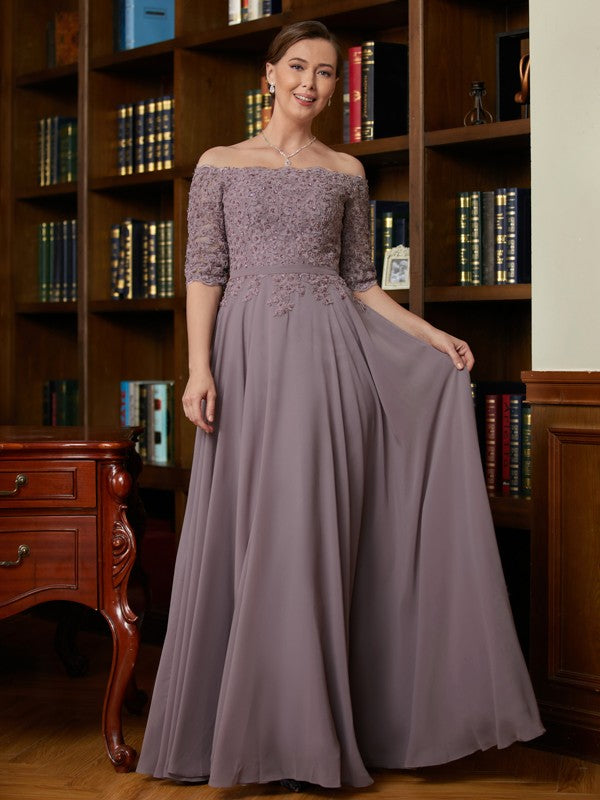 Vestidos para madre de la novia de gasa con apliques, hombros descubiertos, mangas 3/4 y largo hasta el suelo, corte A/princesa