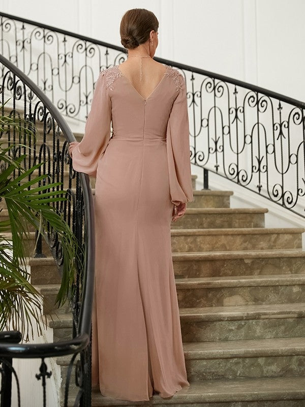 A-Linie/Princess-Linie Chiffon Applikationen V-Ausschnitt Lange Ärmel Bodenlang Kleider für die Brautmutter