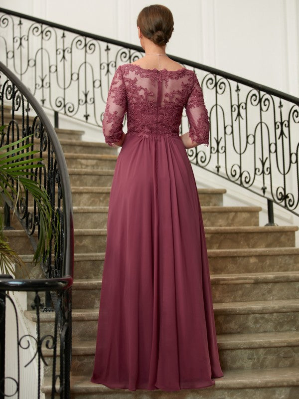 Vestidos de madre de la novia de corte A/princesa, de gasa, encaje, escote en V, mangas 3/4 y largo hasta el suelo