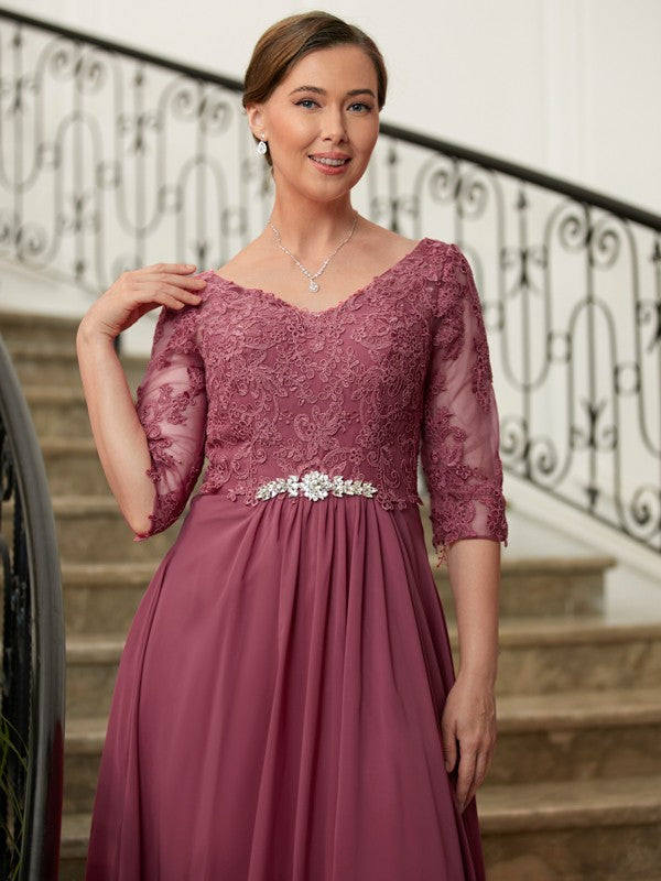 Vestidos de madre de la novia de corte A/princesa, de gasa, encaje, escote en V, mangas 3/4 y largo hasta el suelo