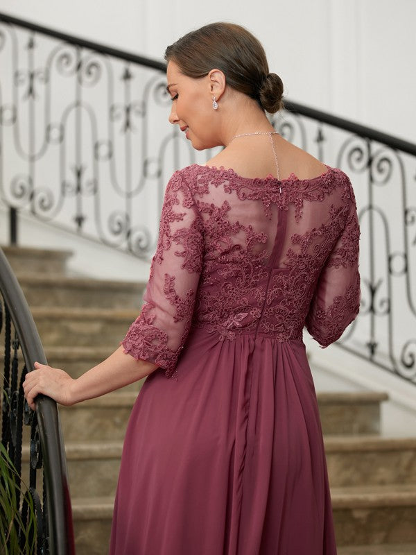 Vestidos de madre de la novia de corte A/princesa, de gasa, encaje, escote en V, mangas 3/4 y largo hasta el suelo