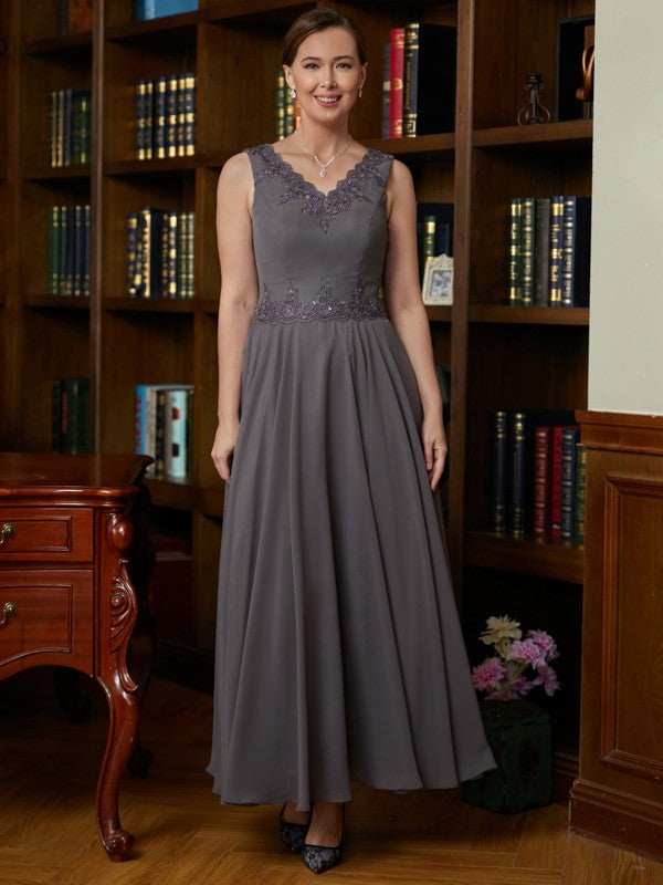 Vestidos para madre de la novia de corte A/princesa, de gasa, con apliques, escote en V, sin mangas y largo hasta los tobillos