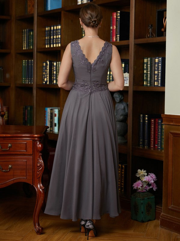 Vestidos para madre de la novia de corte A/princesa, de gasa, con apliques, escote en V, sin mangas y largo hasta los tobillos