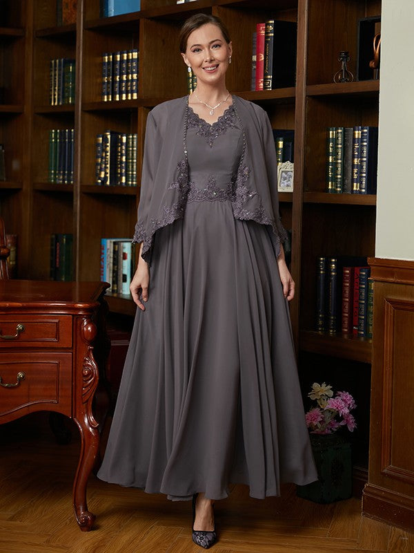 Vestidos para madre de la novia de corte A/princesa, de gasa, con apliques, escote en V, sin mangas y largo hasta los tobillos