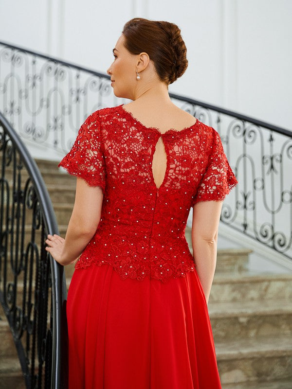 A-Linie/Princess-Linie Chiffon Applikationen U-Ausschnitt Kurze Ärmel Sweep/Pinsel zug Kleider für die Brautmutter