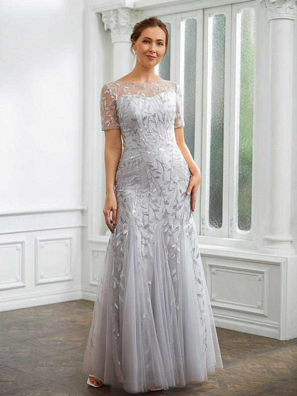 Vestidos de Madre de la Novia de Corte A/Princesa, Tul Fruncido, Escote Barco, Mangas Cortas, Largo hasta los Tobillos