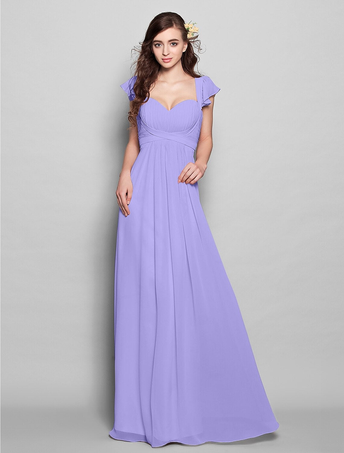 Vestido de dama de honor de gasa con escote tubo/columna, largo hasta el suelo, con faja/cinta/plisado.