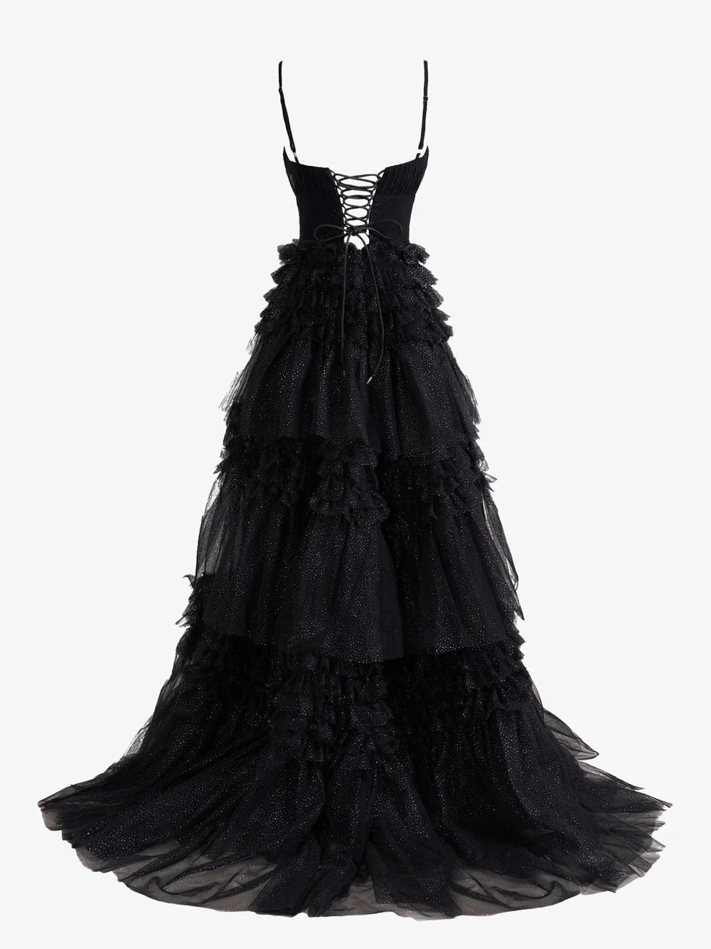 A-Line Deep V Neck Tiered Long Glitter Tulle Prom Dress