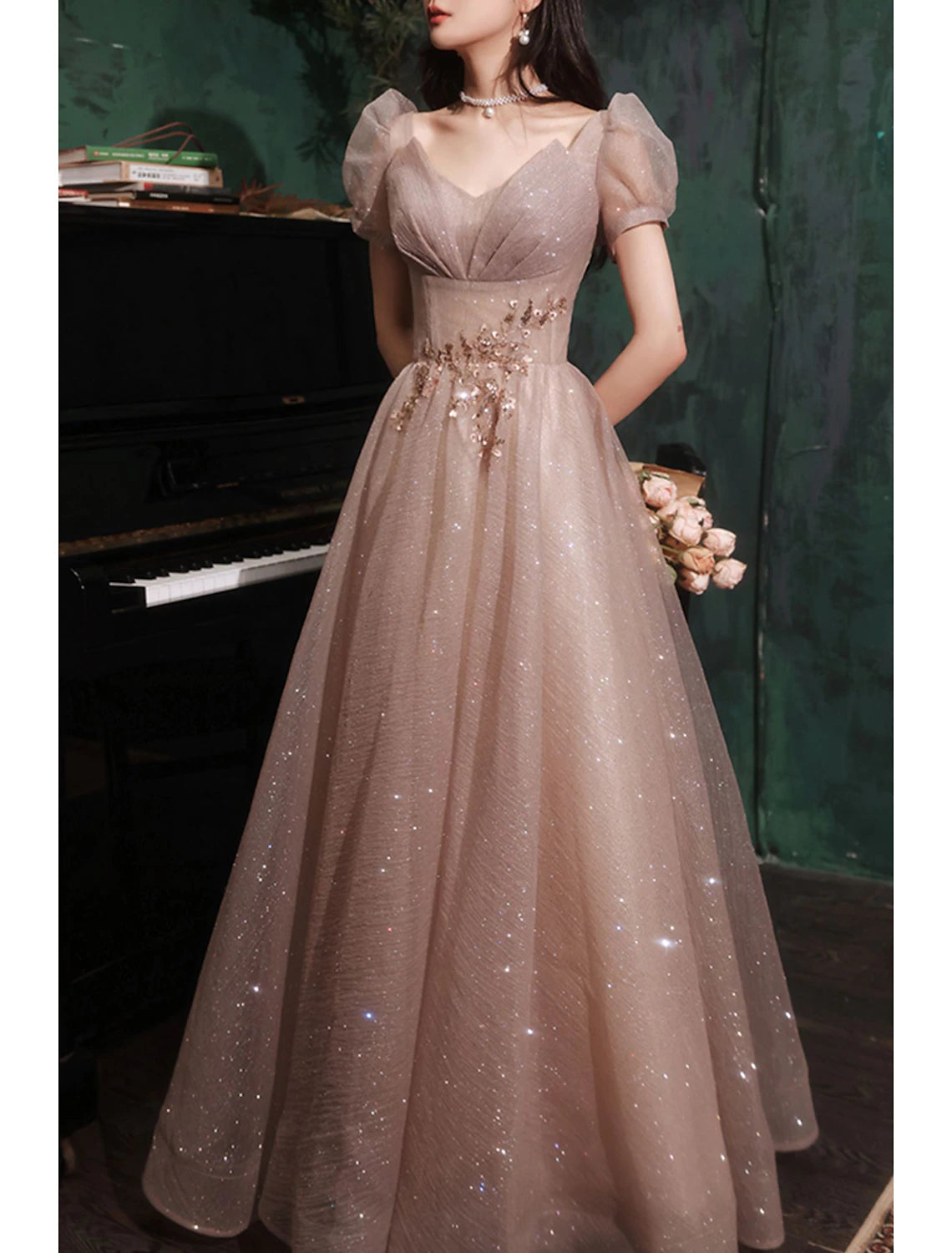 A-Linien-Ballkleid, Partykleid, Sparkle & Shine, Kleid für den Abschlussball, Valentinstag, bodenlang, kurze Ärmel, V-Ausschnitt, Tüll mit Pailletten