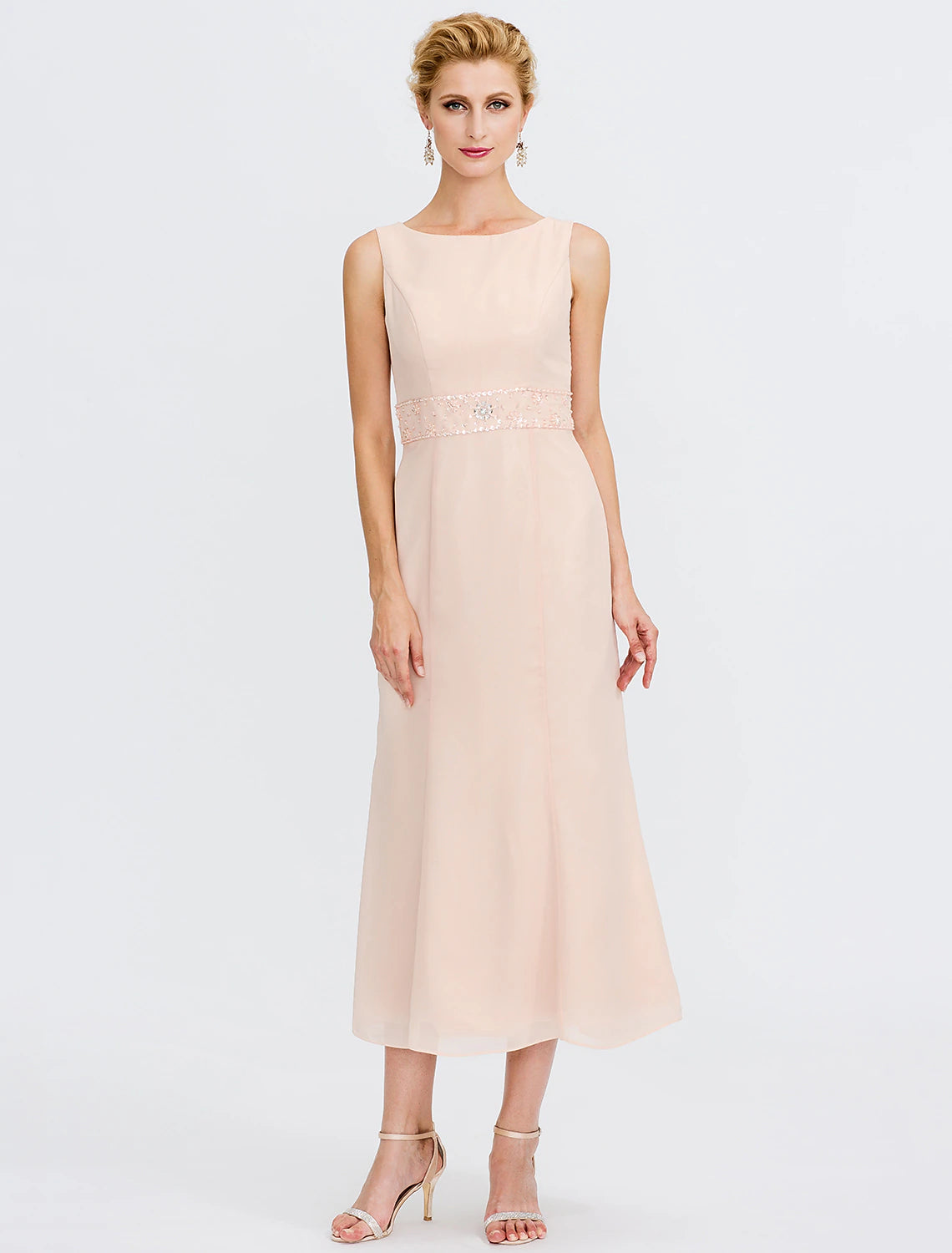 Zweiteiliger Etui-/Säulen-Kleid für die Brautmutter, Hochzeitsgast, Übergröße, elegant, mit Jacke, lange Ärmel, Rundhalsausschnitt, wadenlang, Chiffon, Schärpe/Band, Falten, Perlenstickerei