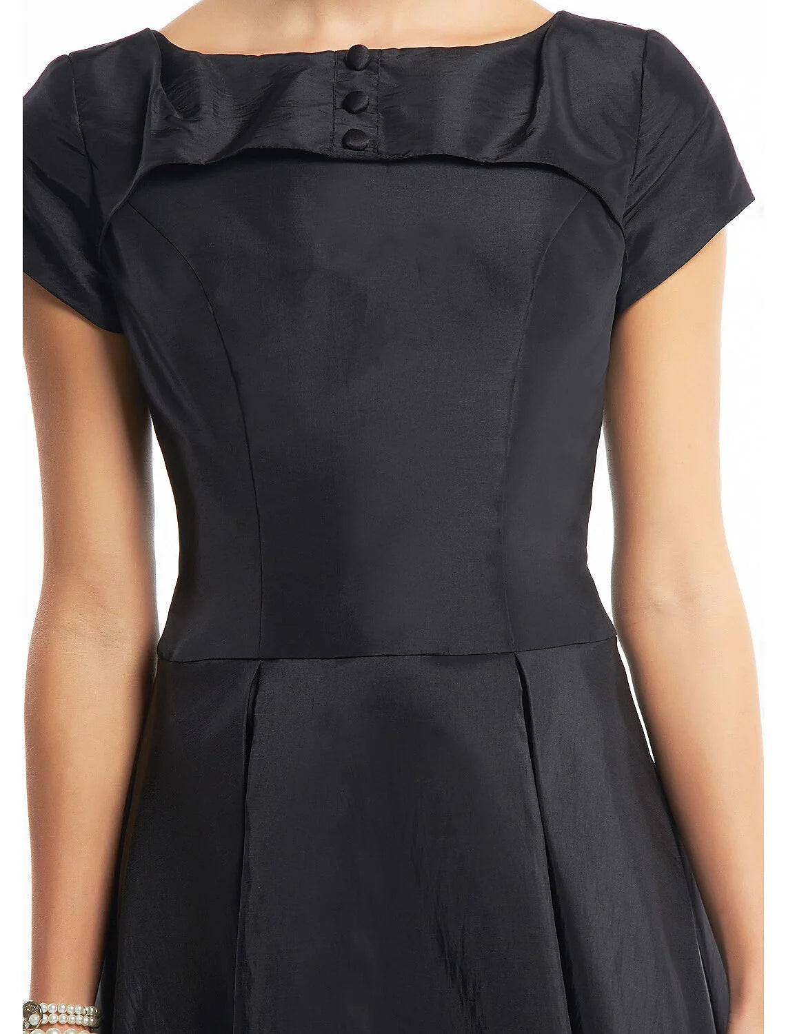 A-Line Black Dress Homecoming Wedding Guest Tea Length Short Sleeve Boat Neck Taffeta with Buttons