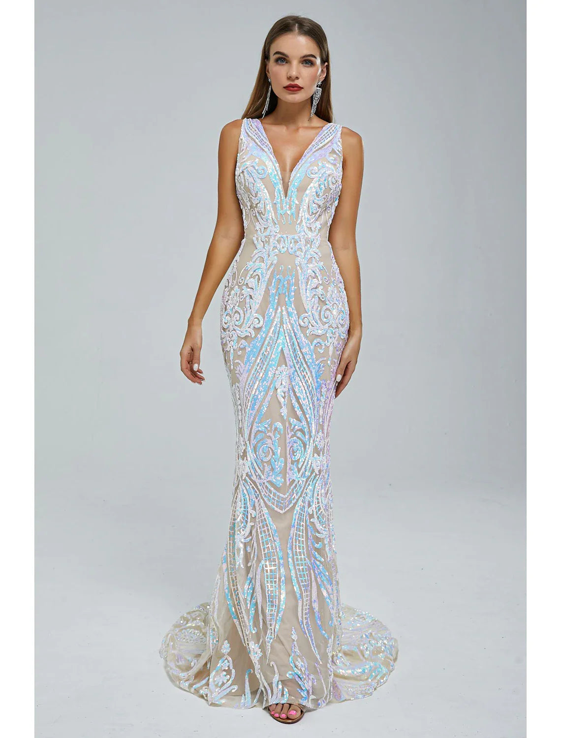 Meerjungfrau/Trompete Abendkleid Sparkle & Shine Kleid Hochzeitsgast Verlobung Hofschleppe Ärmellos V-Ausschnitt Pailletten mit Pailletten