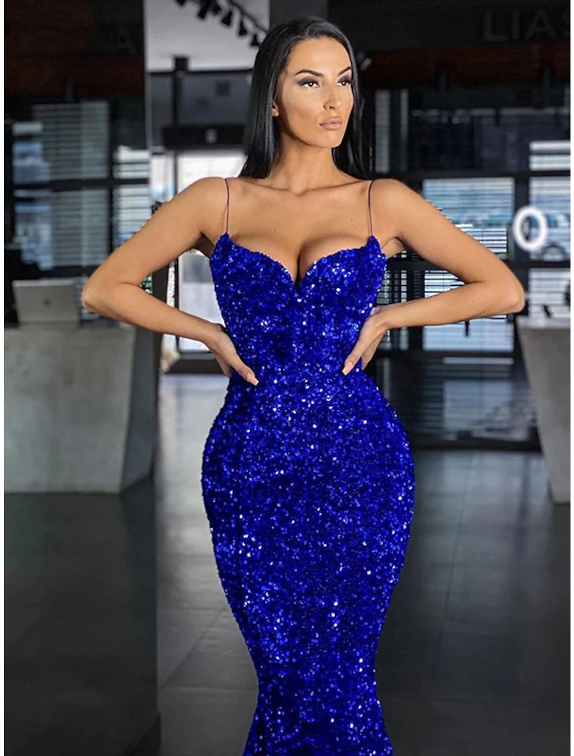 Vestidos de fiesta de sirena/trompeta, vestido largo para baile de máscaras, cola larga/corta, sin mangas, tirantes finos, con lentejuelas y espalda descubierta