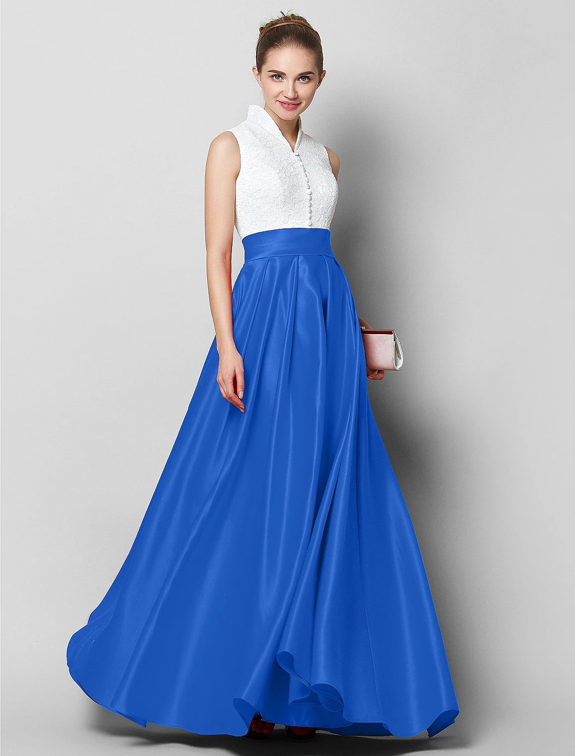 A-Linie, elegantes und luxuriöses Farbblock-Kleid für formelle Abende, schwarze Krawatte, Galakleid, hoher Halsausschnitt, ärmellos, bodenlang, Spitze mit Falten
