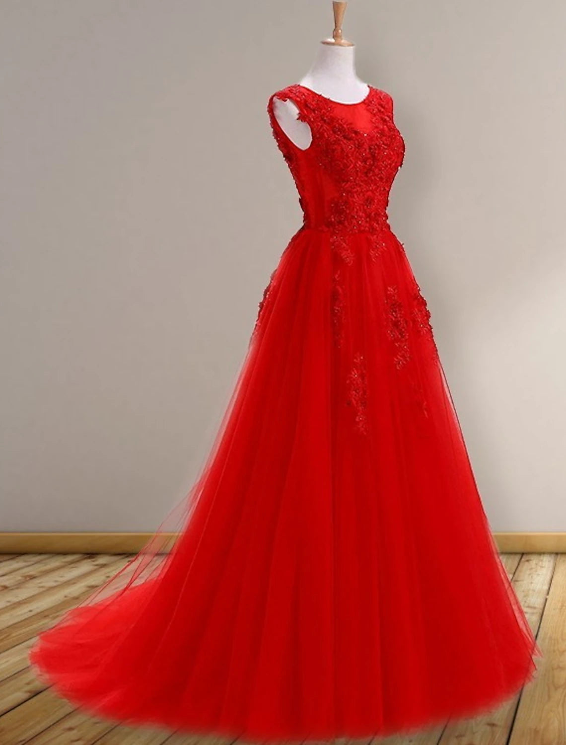 Vestido de fiesta de graduación de corte A, vestido floral, vestido de boda, invitado de compromiso, cola larga/cepillo, sin mangas, cuello joya, tul con apliques