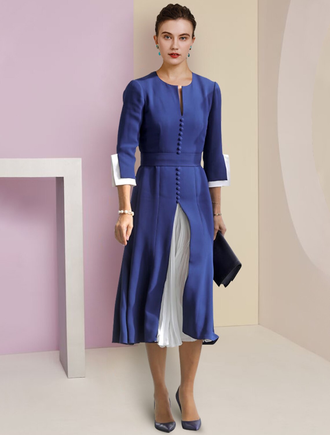 A-Linien-Kleid für die Mutter der Braut, formeller Hochzeitsgast, eleganter U-Ausschnitt, knielang, Stretch-Chiffon, 3/4-Ärmel mit Knöpfen, Farbblock