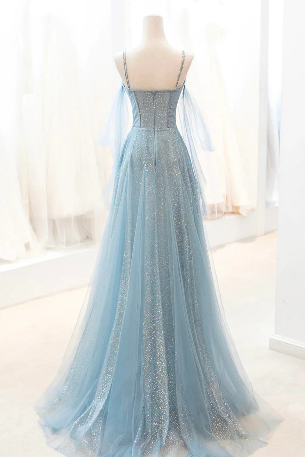 A-Linie Glitzerndes Tüll Spaghettiträger Abendkleid Langes Ballkleid