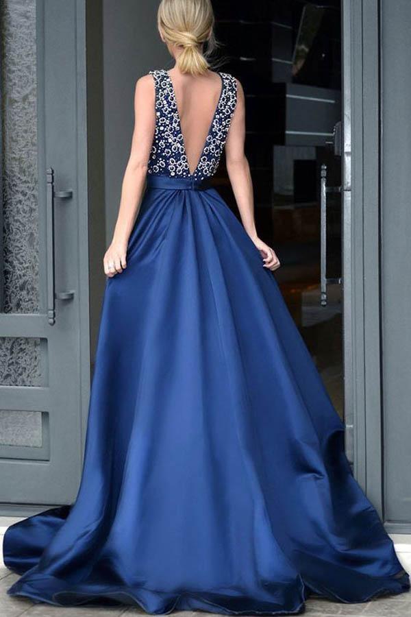 A-Linie V-Ausschnitt Königsblau Satin Perlenbesetzte Abendkleider Abendkleid Ballkleider mit Sweep-Schleppe