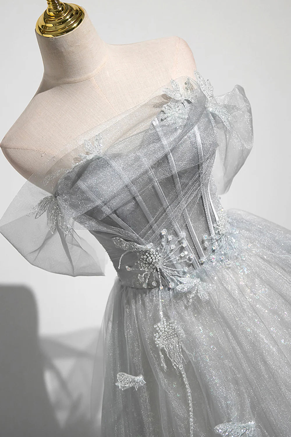 A-Line Off the Shoulder Tulle Prom Dress Corset Floor Length Party Dress