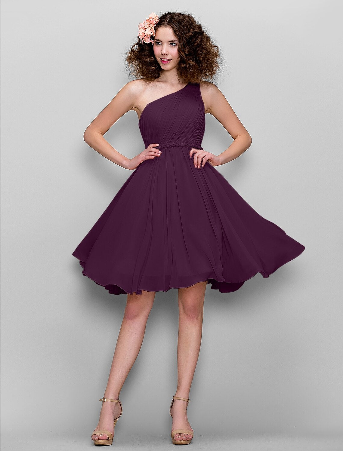 Vestido de dama de honor de gasa con corte A/vestido de baile, un hombro hasta la rodilla, con faja/cinta/drapeado lateral