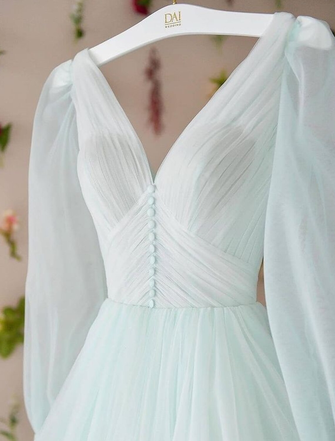 A-Line Minimalist Elegant Party Wear Prom Dress V Neck Long Sleeve Floor Length Tulle with Pleats