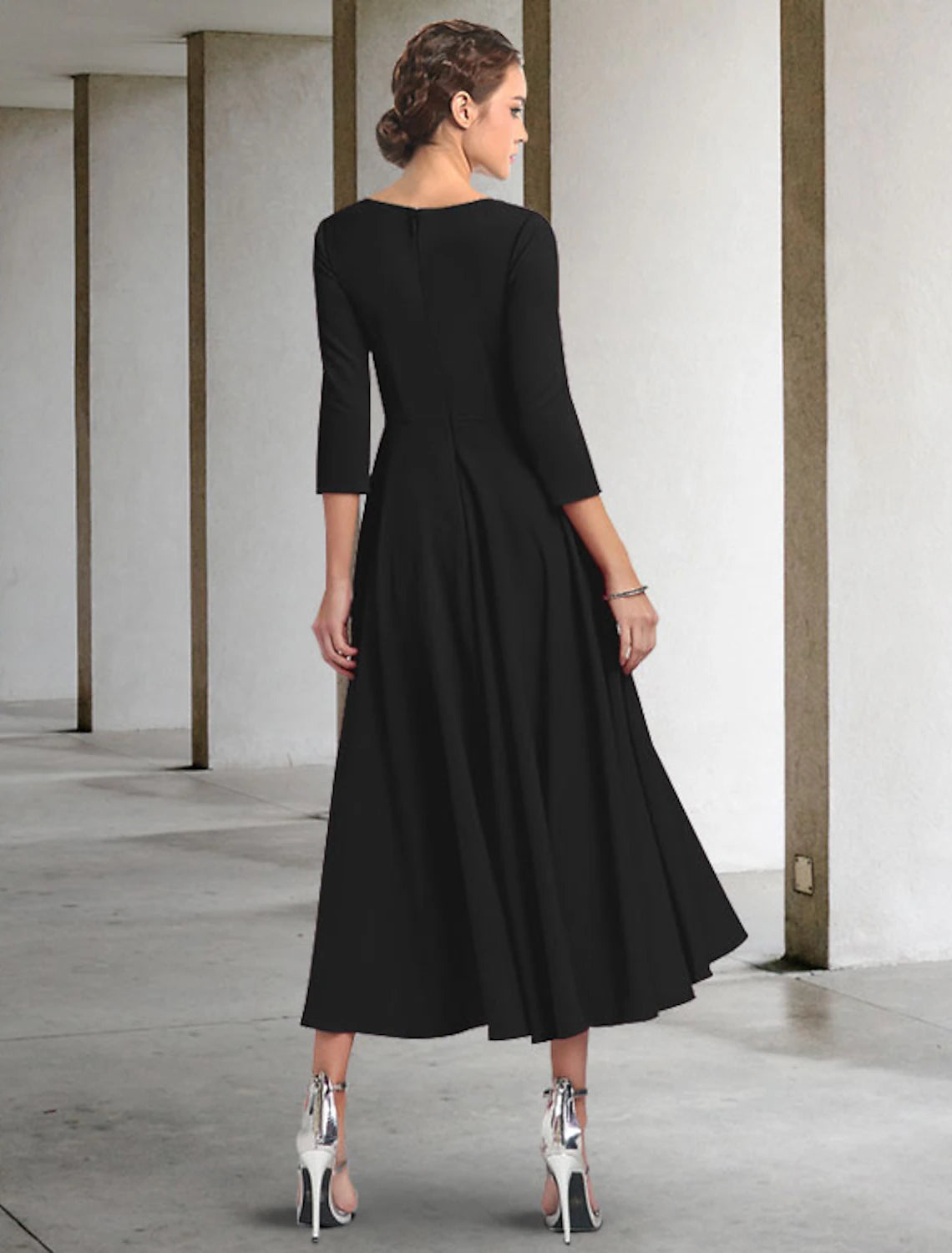 A-Linien-Kleid für die Brautmutter, elegant, V-Ausschnitt, knielang, Chiffon, 3/4-Ärmel mit Falten