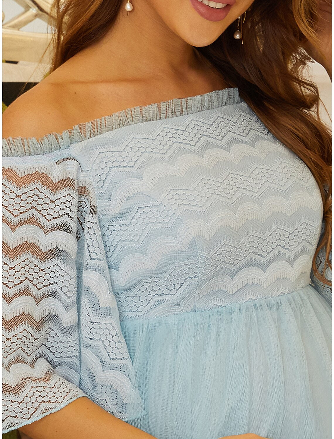 A-Linien-Kleid für die Brautmutter, elegant, schulterfrei, bodenlang, Spitze, Tüll, ärmellos, mit Stufen