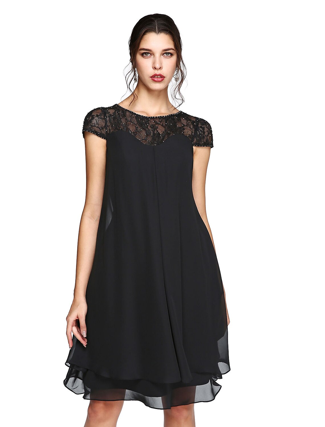 A-Linien-Kleid für die Brautmutter, Übergröße, elegant, Illusionsausschnitt, knielang, Chiffon, Spitze, kurze Ärmel mit Pailletten