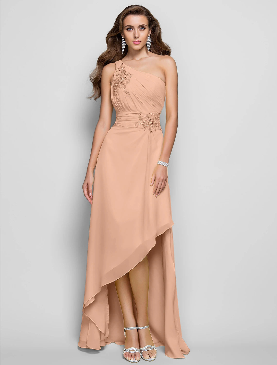 Vestido elegante de corte tubo/columna para invitada de boda, cóctel, asimétrico, sin mangas, un hombro, dama de honor, de gasa con apliques de abertura y cuentas.