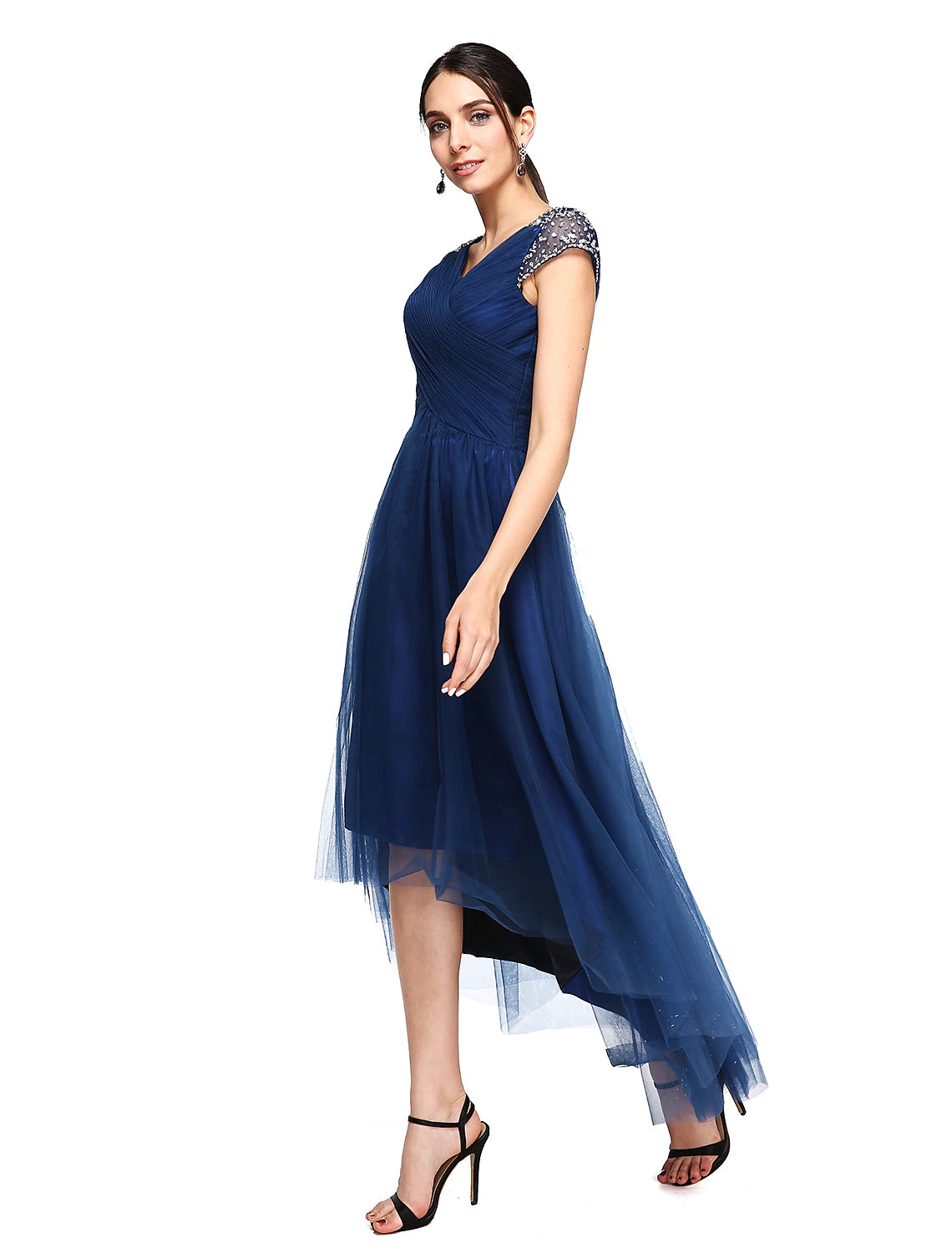 A-Linien-Kleid für besondere Anlässe, rückenfreies Kleid für Hochzeitsgäste, Abschlussball, asymmetrisch, kurze Ärmel, V-Ausschnitt, Tüll mit überkreuzten Perlen